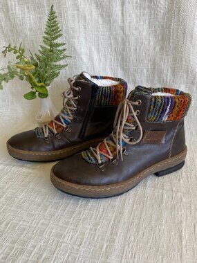 Rieker Felicitas Antistress Knit Cuff Sherpa Boots Brown Sz 40 US 9 ECU Z6743
